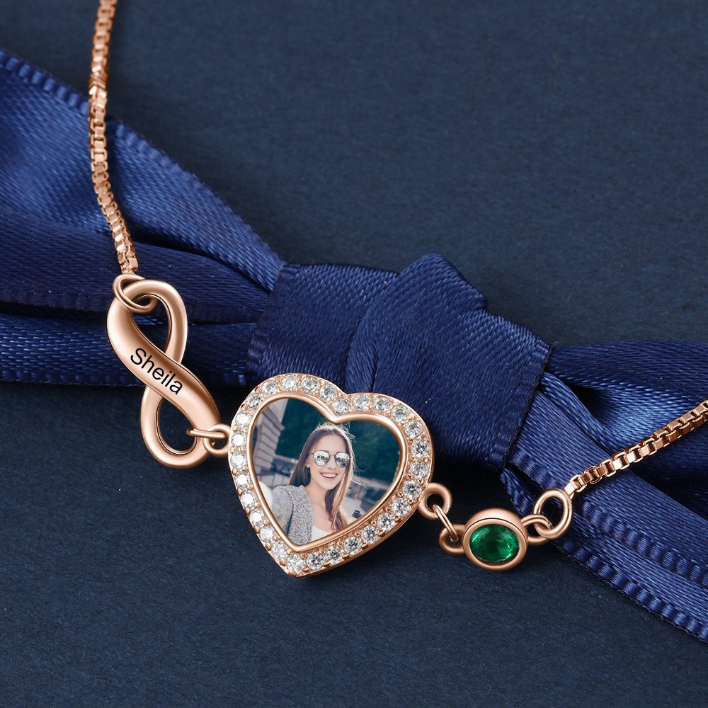 Mother'sDay Gift Mother'sDay gift Infinity Love Heart Photo Bracelet with Birthstone Personalized with Engraving-Engravingift