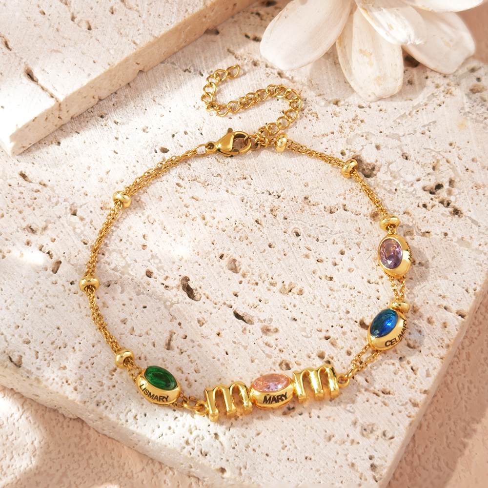 Personalized Mom Birthstone Bracelet, Custom Name Family Bracelet