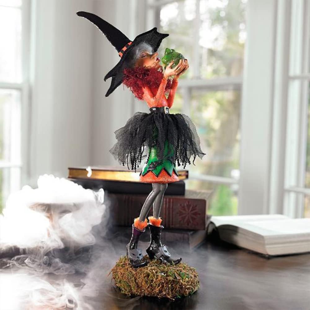Handmade Halloween Witch Figurine with Pumpkin Skirt and Broom Decor