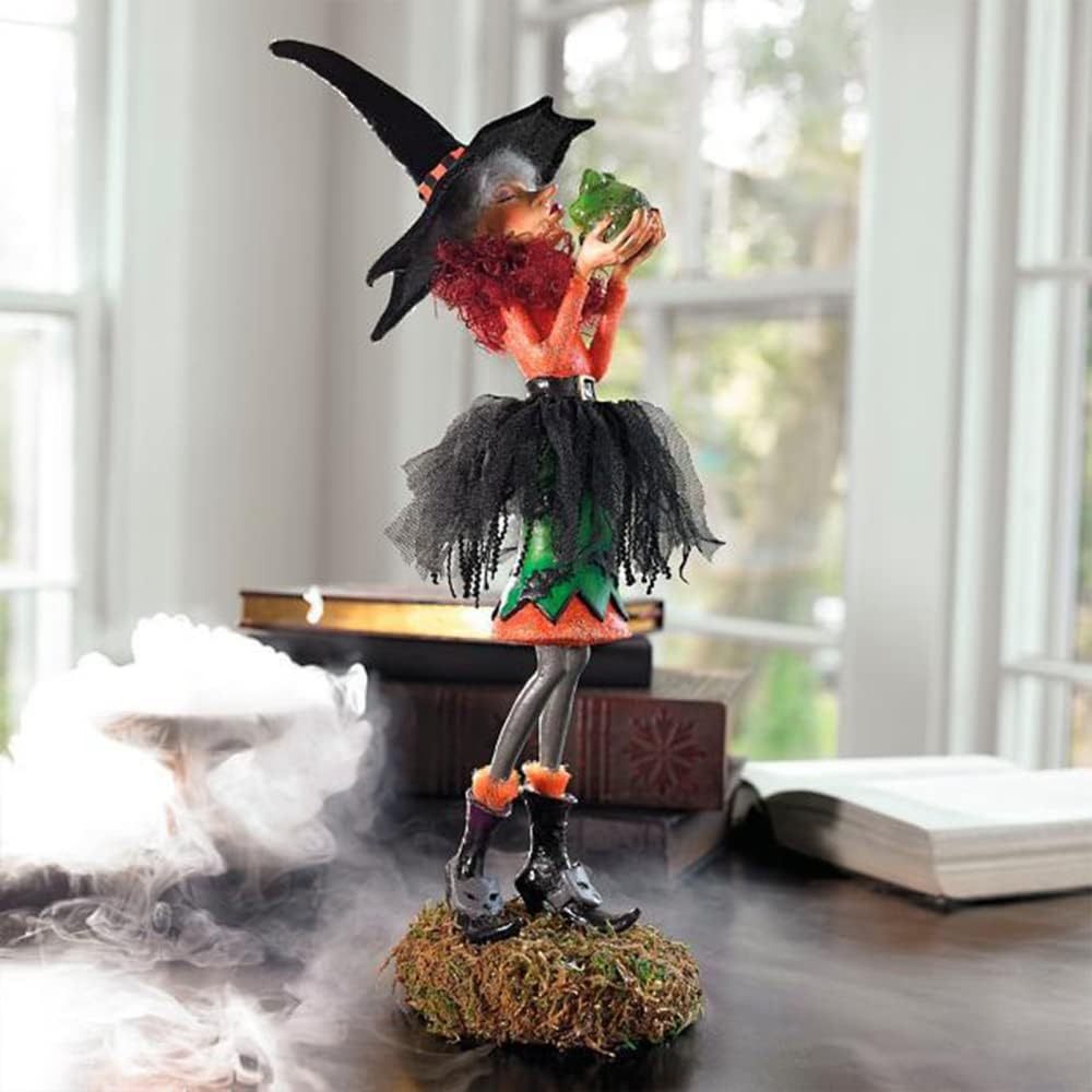 Handmade Halloween Witch Figurine with Pumpkin Skirt and Broom Decor
