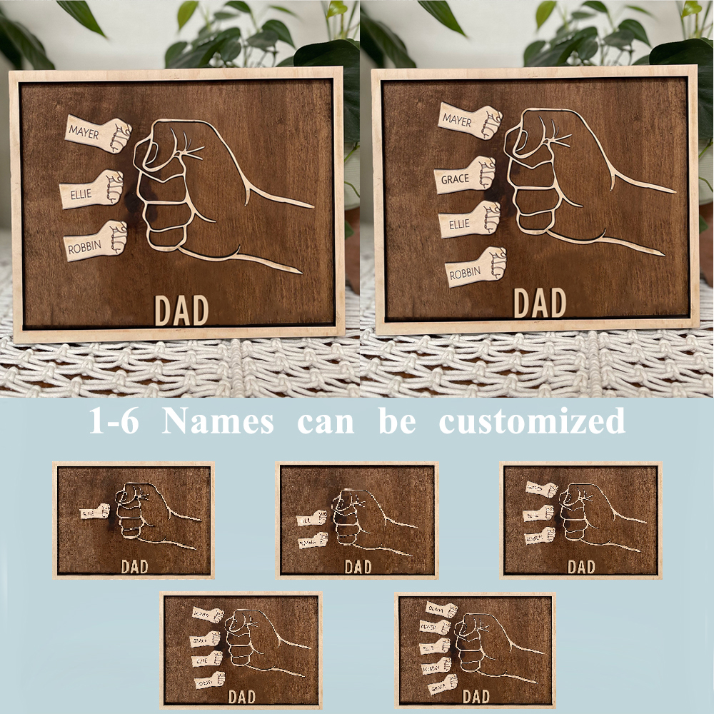 Father and Sons/Daughters Fist Signs Engrave 3 Names Family Bond Wood Frame