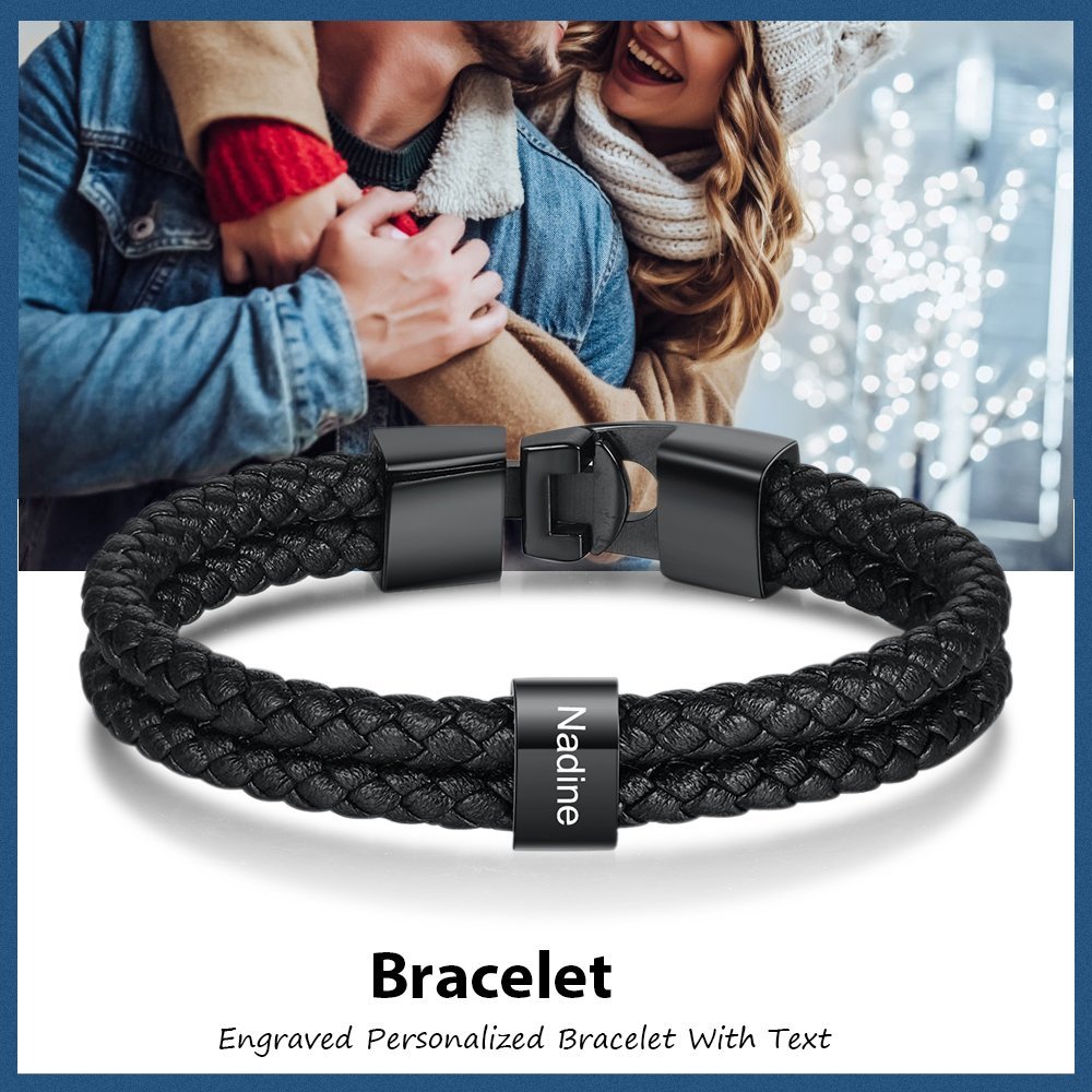 Father's Day Gift Men Leather Bracelet with Bead Custom Two Layers Bracelet, custom black engraved leather son/grandson bracelets for men-Engravingift
