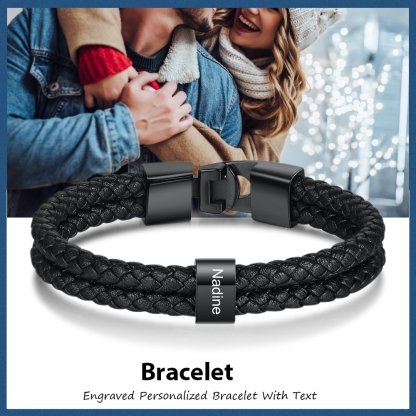 Father's Day Gift Men Leather Bracelet with Bead Custom Two Layers Bracelet, custom black engraved leather son/grandson bracelets for men-Engravingift
