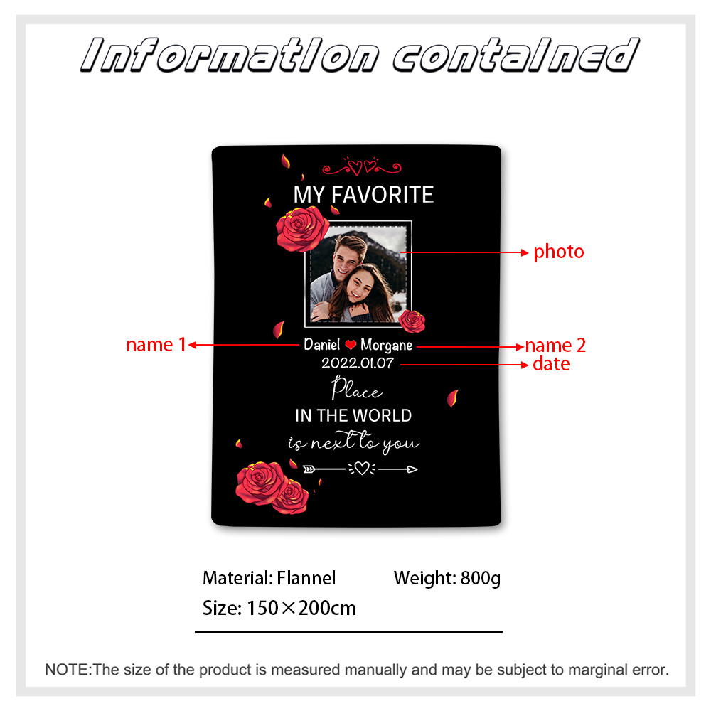 Couple Rose Blanket Customized 2 Names & Date & Photo Blanket Valentine's Day Gifts - My Favorite Place in The World is Next to You