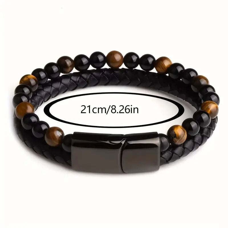 Father's Day Gift Fashion Double Layer Leather Handmade Braided Bracelet Natural Tiger Eye Stone Beaded Bangle-Engravingift