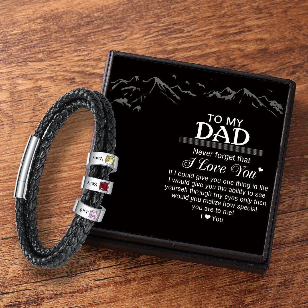 Personalized Mens Leather Bracelet 1-8 Beads with Birthstones