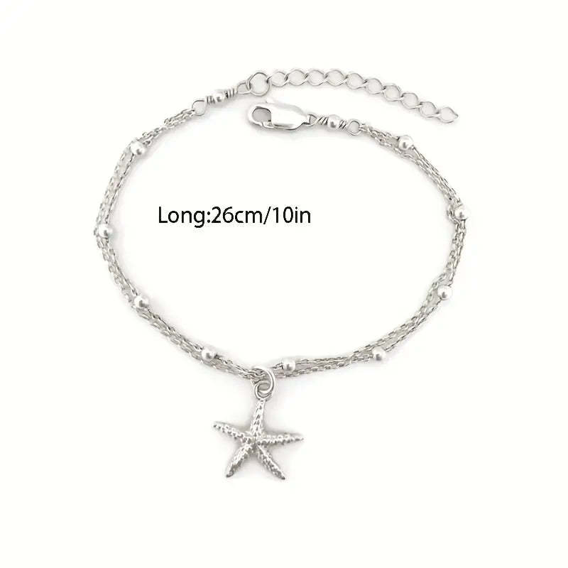 Mother's Day Starfish Shape Pendant Thin Chain Anklet Adjustable Beach Wedding Ankle Bracelet Jewelry-Engravingift