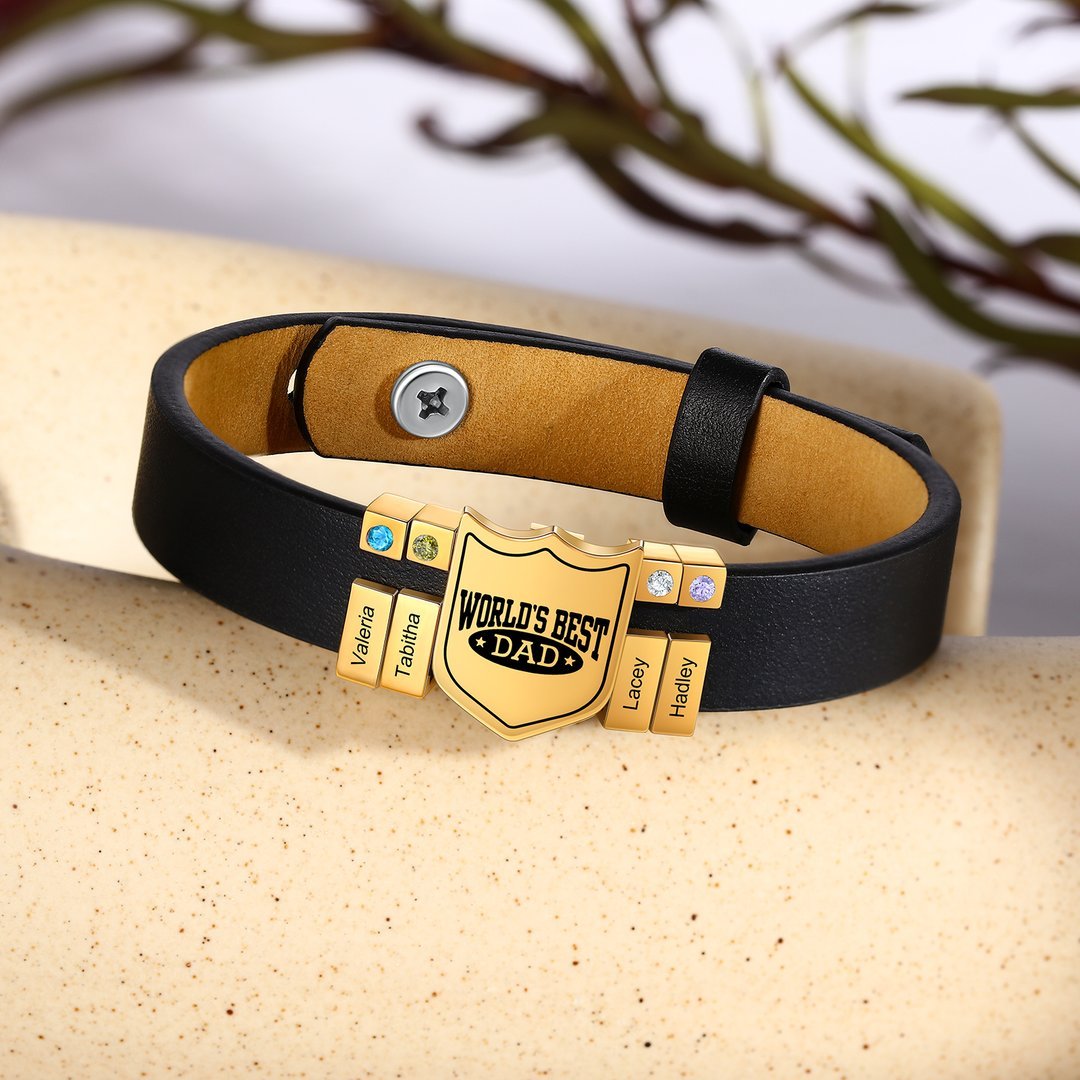 Christmas Gift Men Leather Bracelet Personalized Birthstone and Name Gift