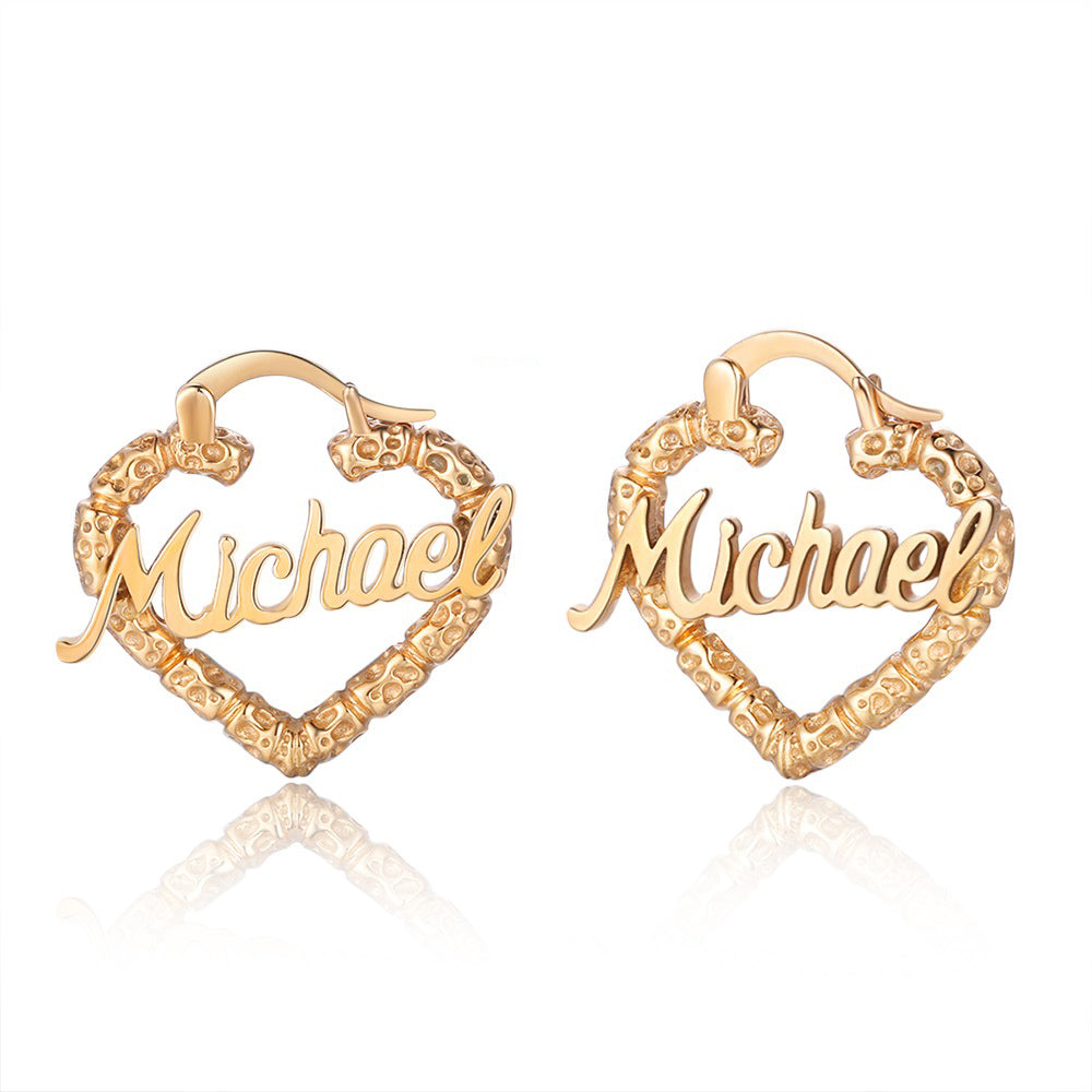 Mother's Day Gift Personalized Heart Name Earrings Custom Bamboo Hoop Earrings for Women-Engravingift