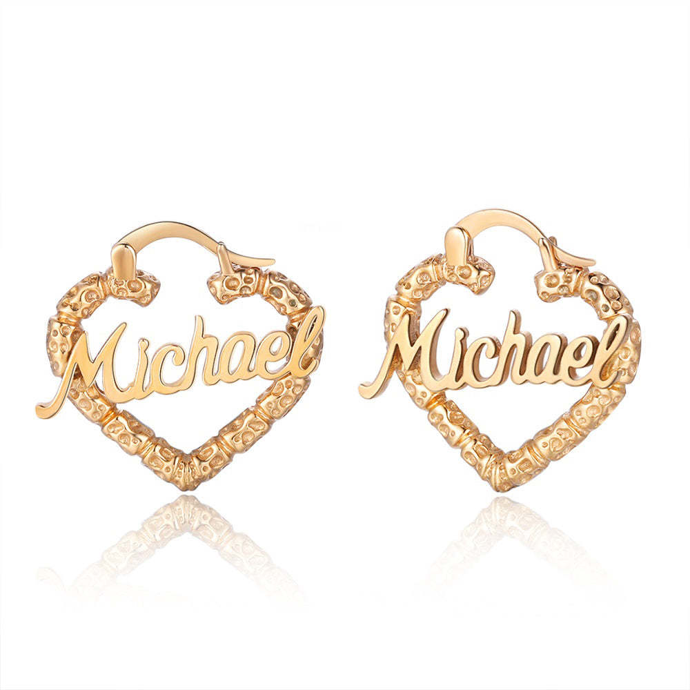 Mother's Day Gift Personalized Heart Name Earrings Custom Bamboo Hoop Earrings for Women-Engravingift