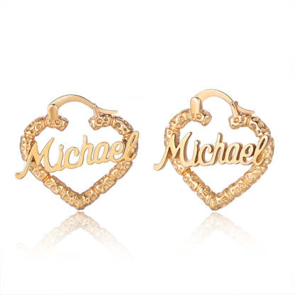 Mother's Day Gift Personalized Heart Name Earrings Custom Bamboo Hoop Earrings for Women-Engravingift