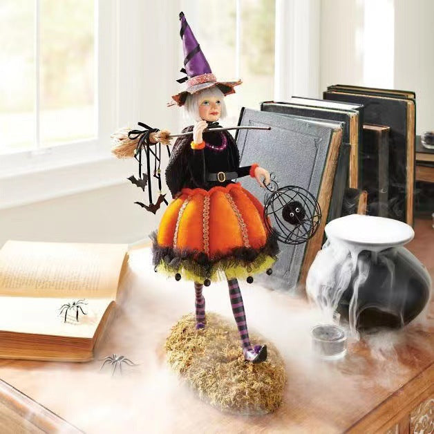 Handmade Halloween Witch Figurine with Pumpkin Skirt and Broom Decor