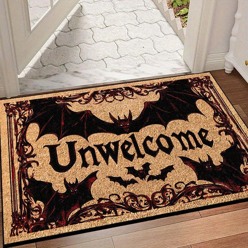 Halloween Bat Welcome Doormat – Non-Slip Heavyweight Plush Rug with Red Gothic Lettering – Indoor/Outdoor Entry Mat for Spooky Home Décor