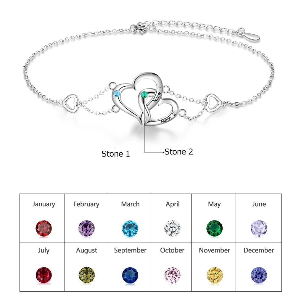 Personalized Heart Anklet with 2 Birthstones Engraved Names Anklet