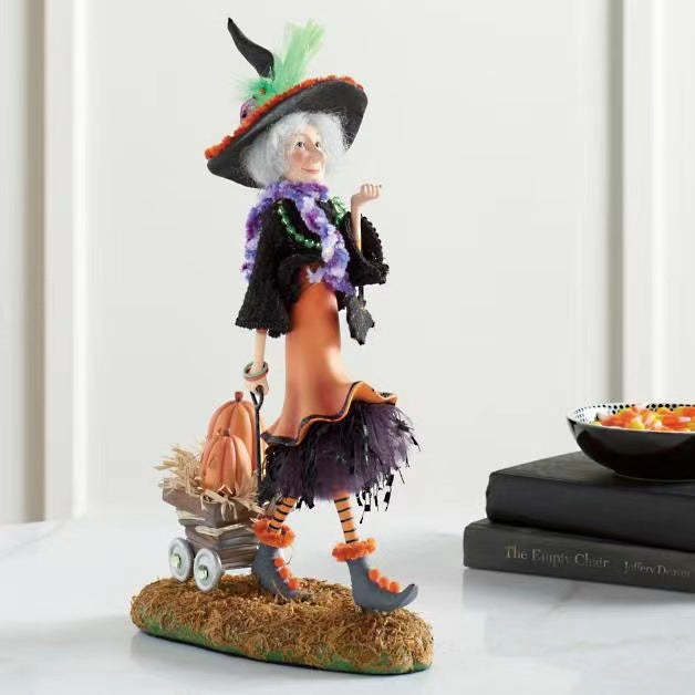 Handmade Halloween Witch Figurine with Pumpkin Skirt and Broom Decor