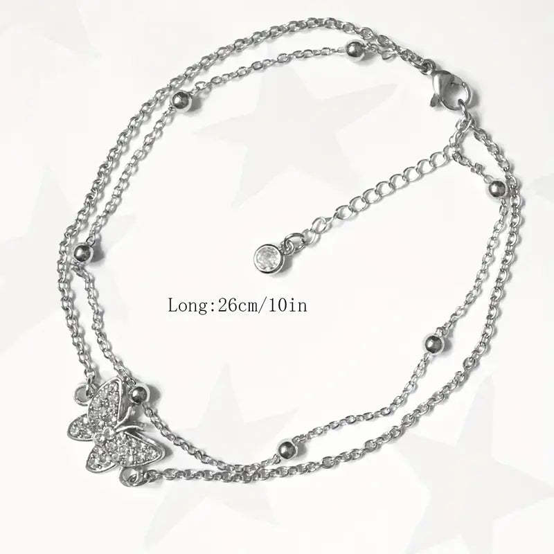 Mother's Day Gift Sparkly Butterfly Double Layers Chain Anklet Versatile Summer Beach Ankle Bracelet White Wedding Foot Ornament-Engravingift