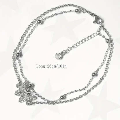 Mother's Day Gift Sparkly Butterfly Double Layers Chain Anklet Versatile Summer Beach Ankle Bracelet White Wedding Foot Ornament-Engravingift