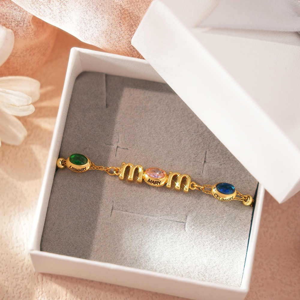 Personalized Mom Birthstone Bracelet, Custom Name Family Bracelet