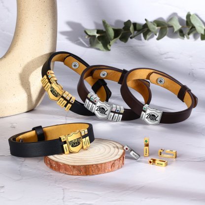 Christmas Gift Men Leather Bracelet Personalized Birthstone and Name Gift