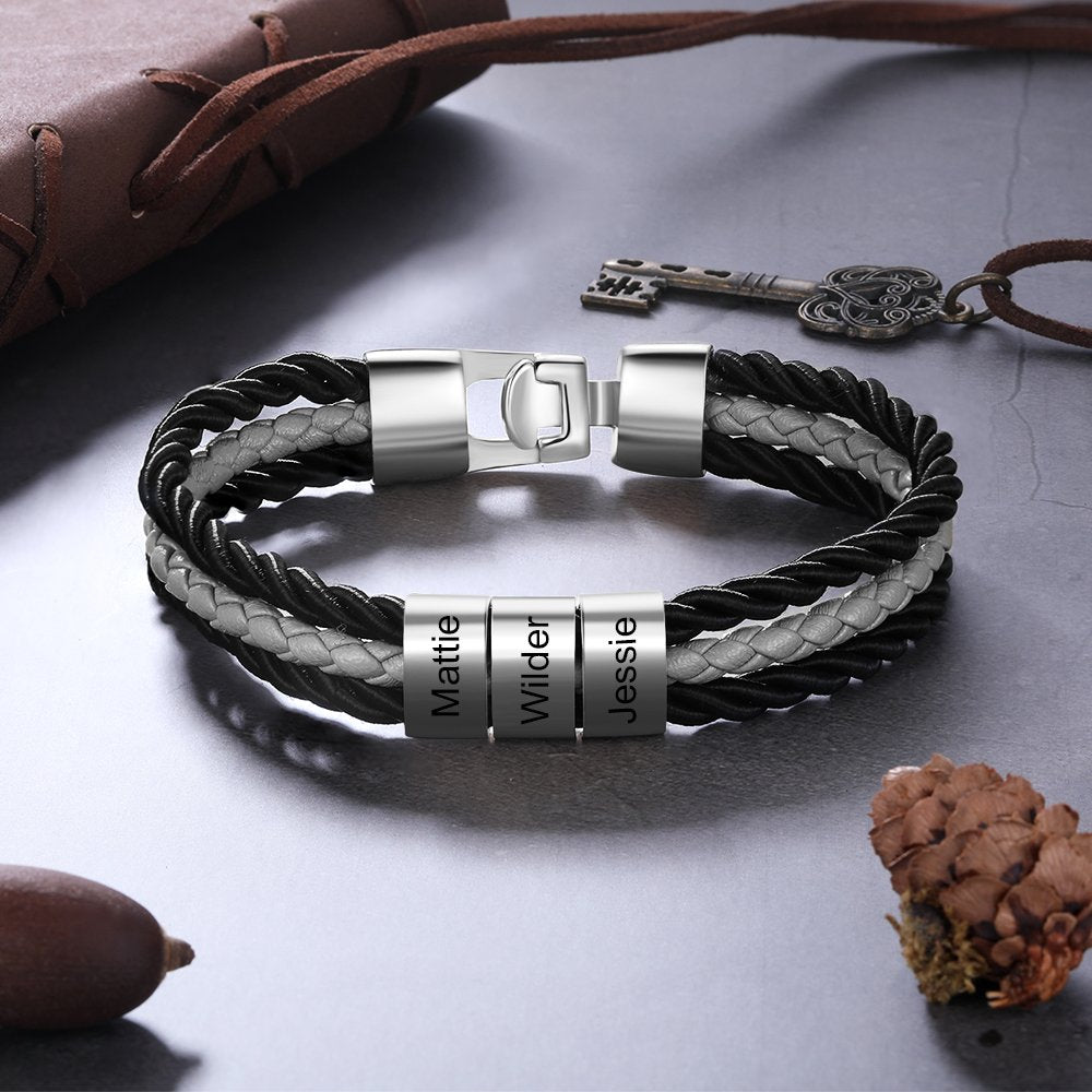 Father's Day Gift Mens Leather Bracelet Braided Layered Leather with Bead, mens custom necklace braided leather bracelet with names-Engravingift