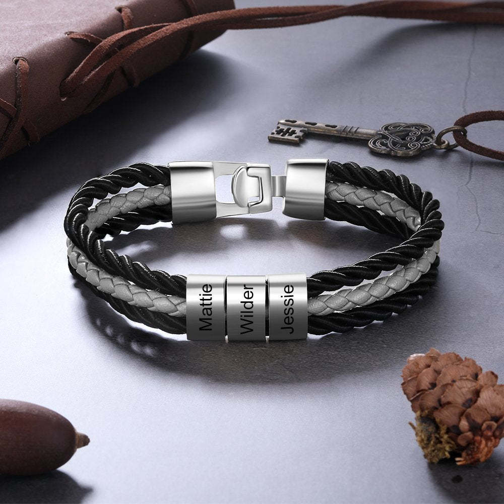 Father's Day Gift Mens Leather Bracelet Braided Layered Leather with Bead, mens custom necklace braided leather bracelet with names-Engravingift