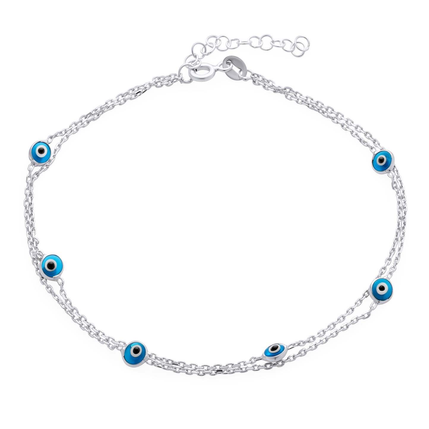 Minimalist 2 Chain Row Multi Color Blue Evil Eyes Charm Anklet Bracele