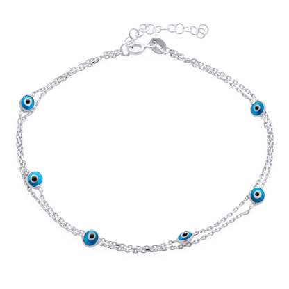 Graduation Gift Minimalist 2 Chain Row Multi Color Blue Evil Eyes Charm Anklet Bracelet-Engravingift