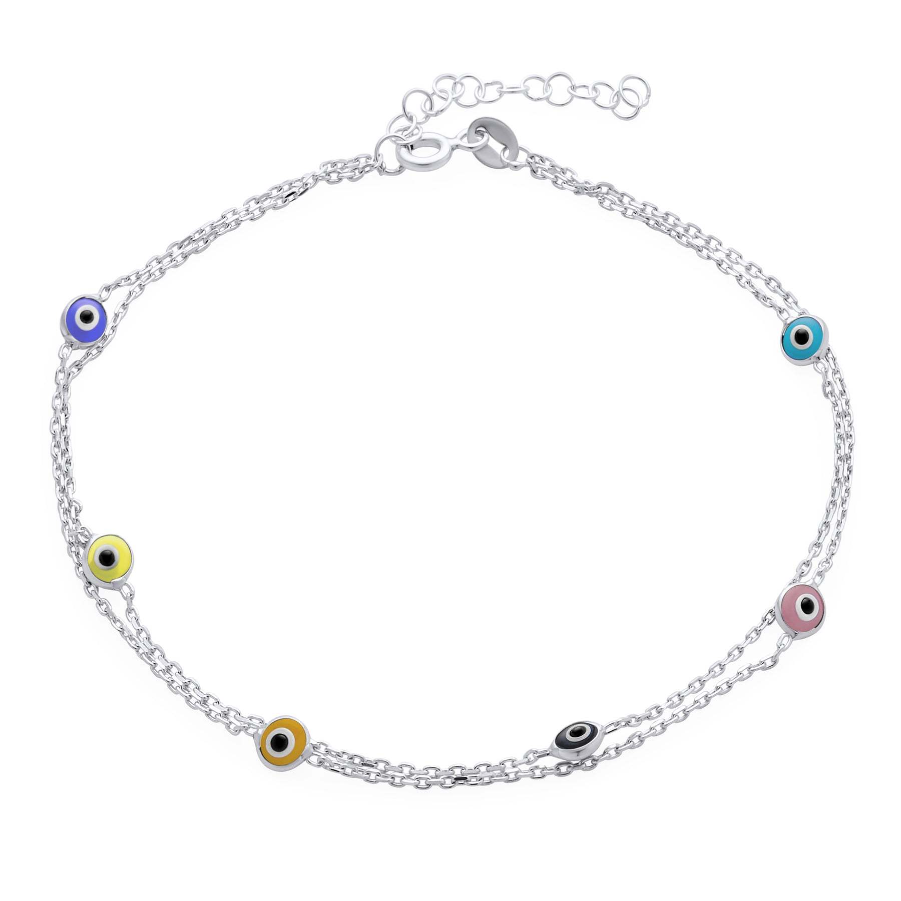 Minimalist 2 Chain Row Multi Color Blue Evil Eyes Charm Anklet Bracele