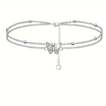 Mother's Day Gift Sparkly Butterfly Double Layers Chain Anklet Versatile Summer Beach Ankle Bracelet White Wedding Foot Ornament-Engravingift