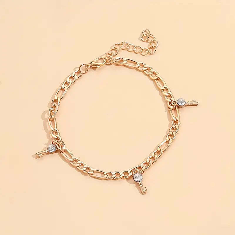 Mother's Day 5 Pcs Stackable Chain Anklet Set With Key Shape Tassel Pendant Inlaid Shiny Rhinestones-Engravingift