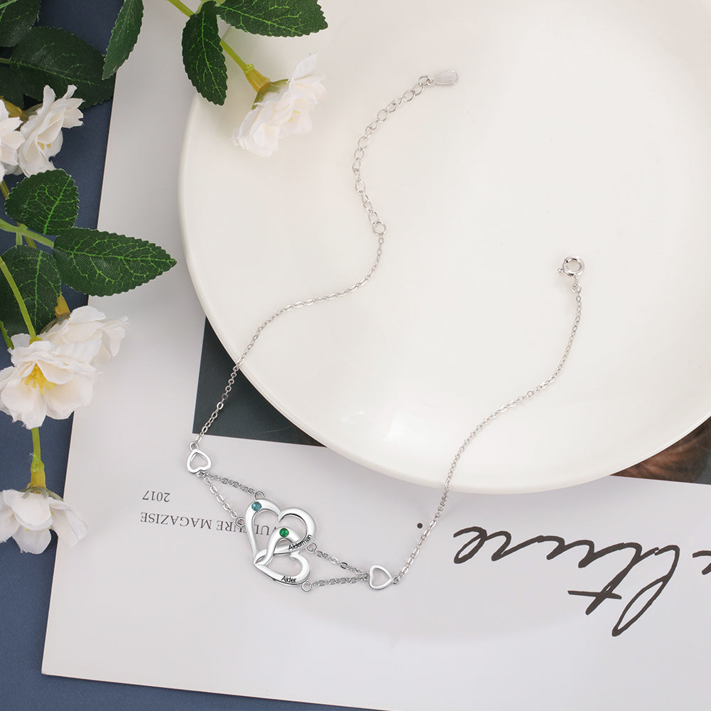 Personalized Heart Anklet with 2 Birthstones Engraved Names Anklet