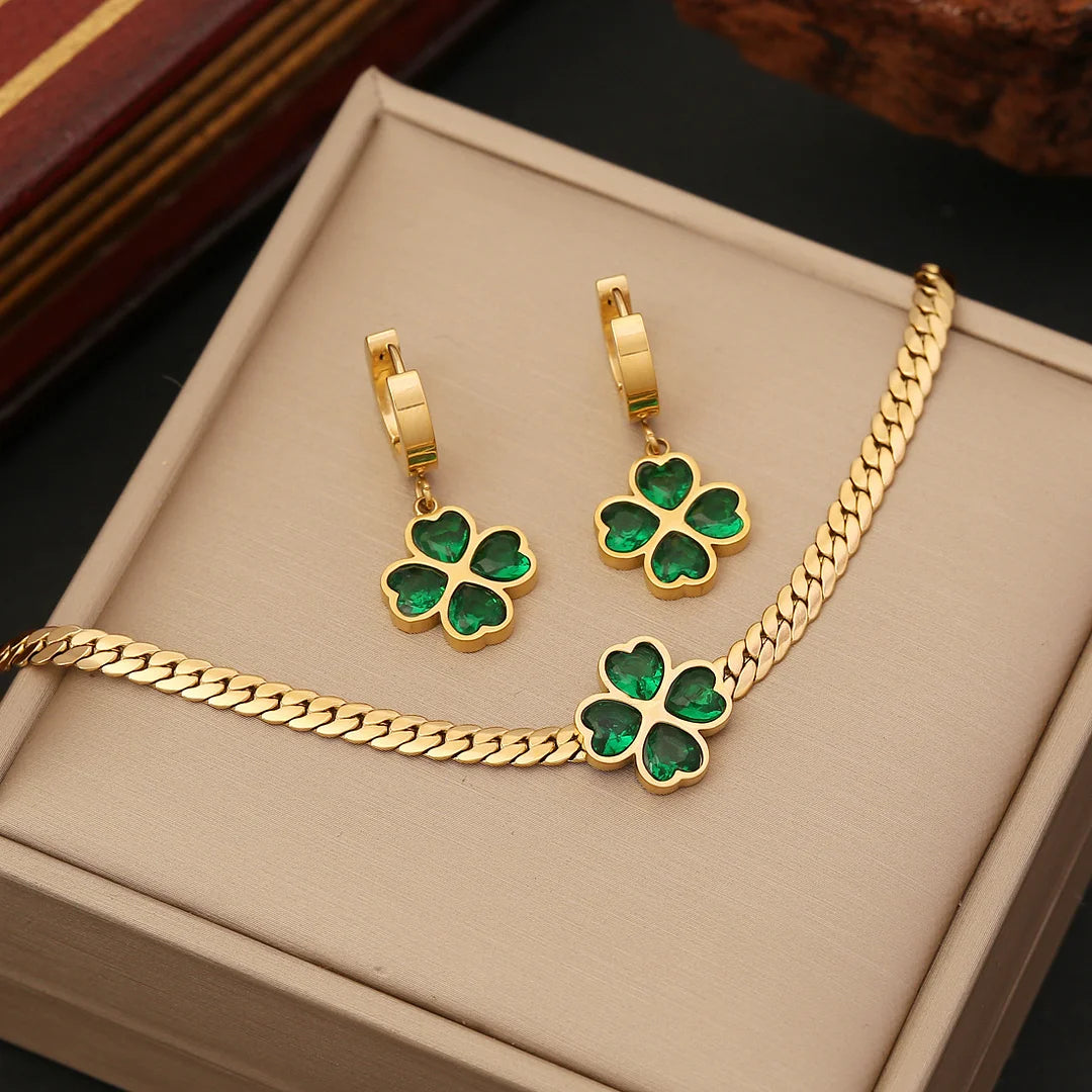 Mother's Day Four Leaf Clover Necklace Bracelet Ring Emerald Jewelry Set for Her-Engravingift