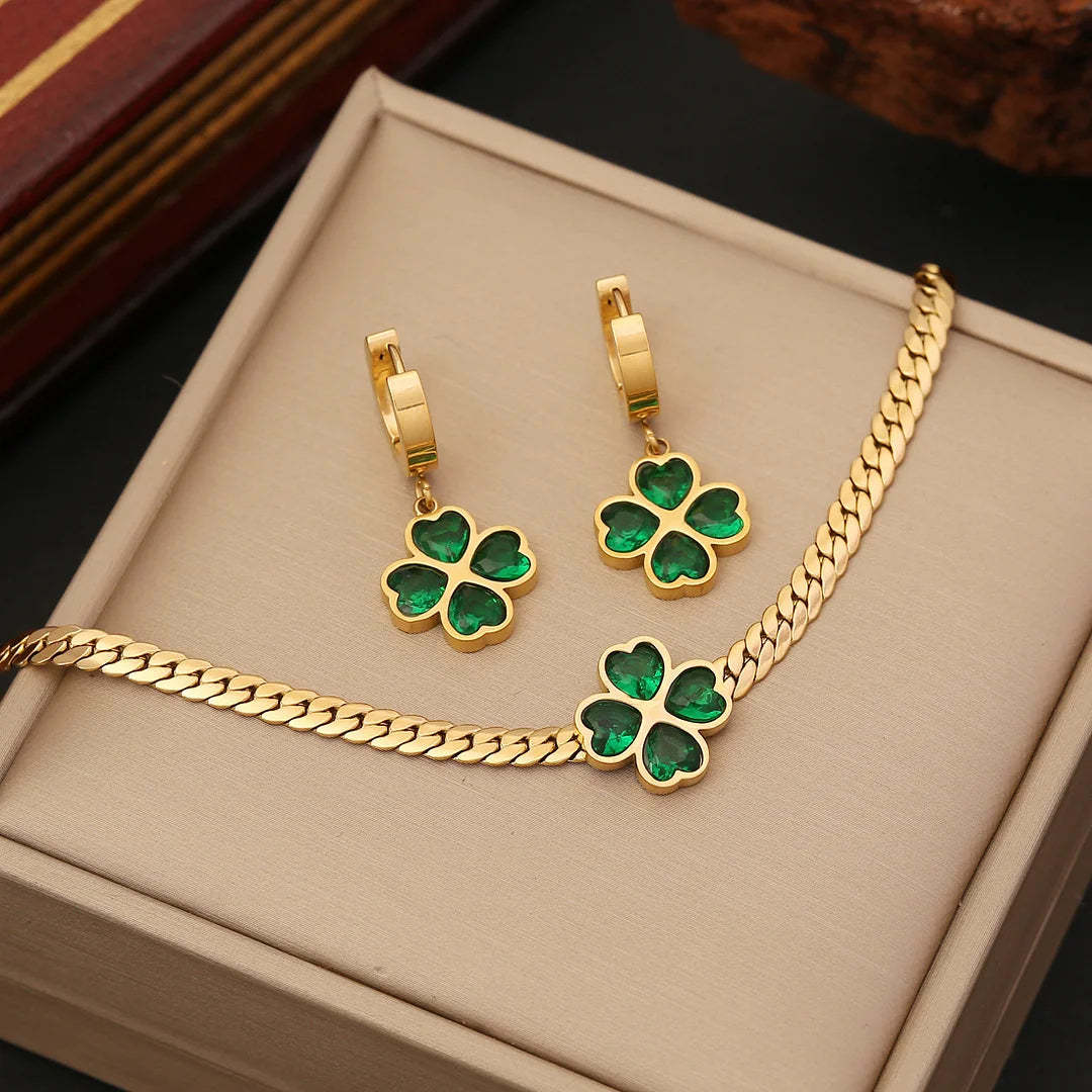 Mother's Day Four Leaf Clover Necklace Bracelet Ring Emerald Jewelry Set for Her-Engravingift
