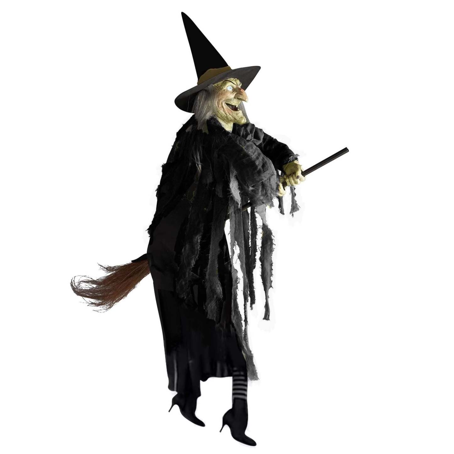 Life-Size Flying Witch Halloween Animatronic with Glowing Eyes and Sounds