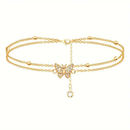 Mother's Day Gift Sparkly Butterfly Double Layers Chain Anklet Versatile Summer Beach Ankle Bracelet White Wedding Foot Ornament-Engravingift