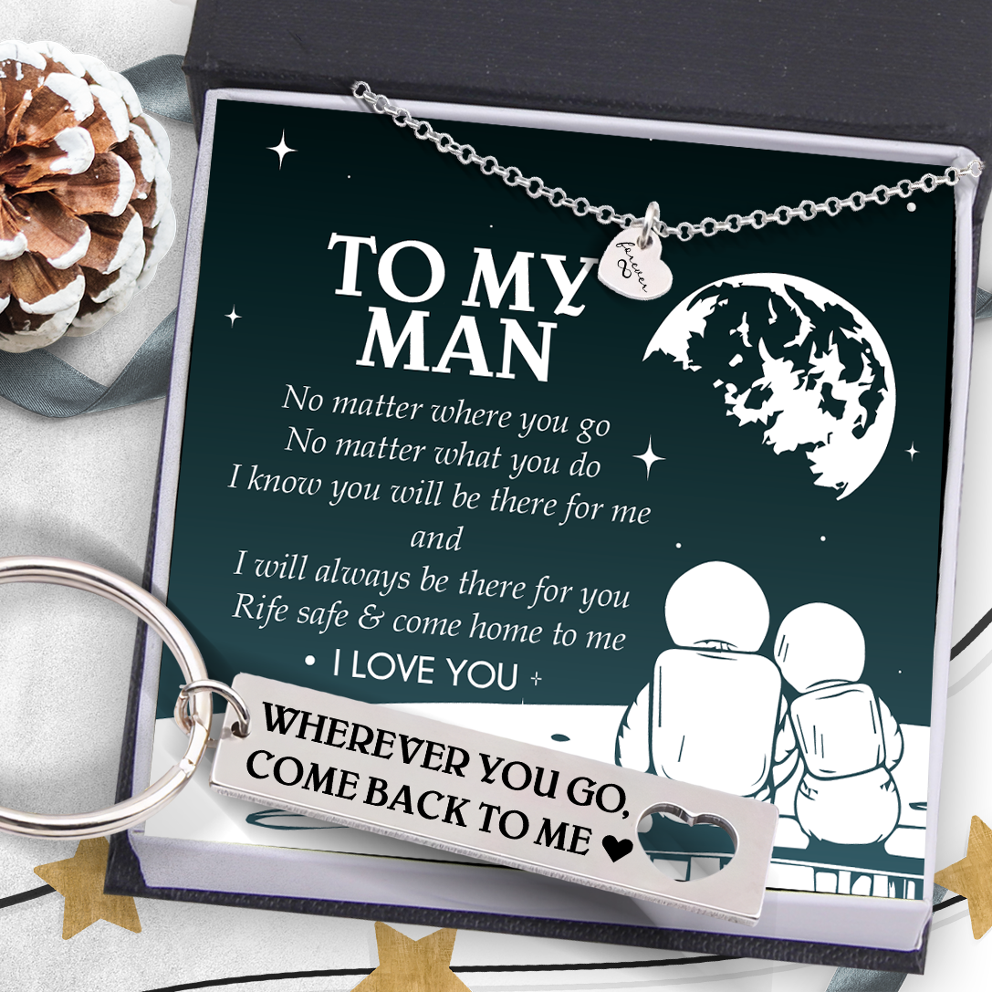 Mother's Day Gift To My Man Heart Necklace and Keychain Gift Set "Wherever You Go, Come Back to Me"-Engravingift