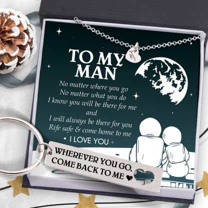 Mother's Day Gift To My Man Heart Necklace and Keychain Gift Set "Wherever You Go, Come Back to Me"-Engravingift