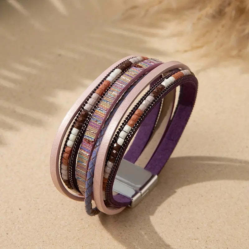 Mother's Day Gift Colorful PU Leather Bracelet With Magnetic Buckle Multi-layer Wrap Bracelet-Engravingift