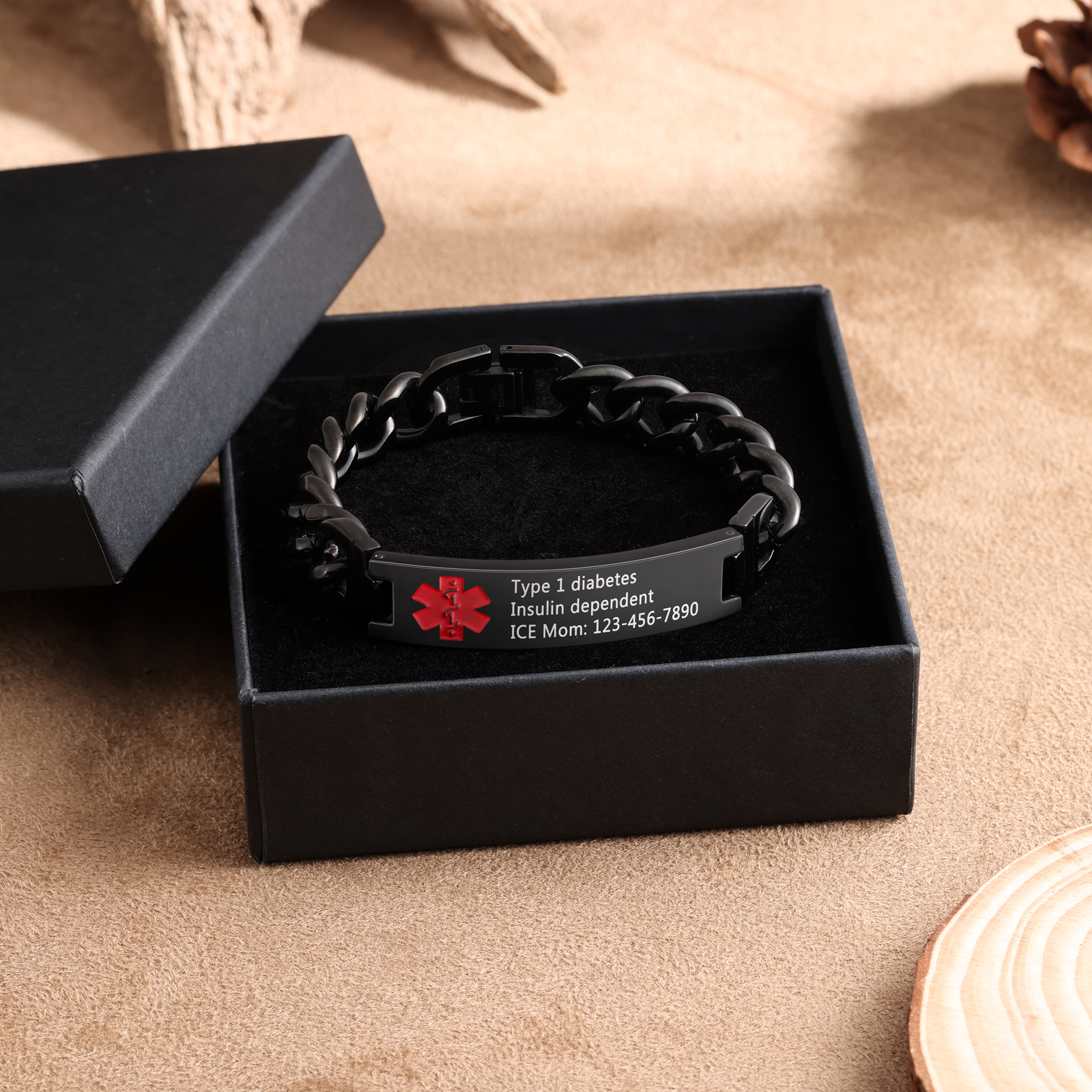 Personalized Medical Alert Bracelet Handcrafted in the USA ID Wristbands Stainless Steel Emergency Black Bracelet-Ships 2 Days