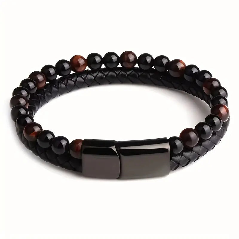 Father's Day Gift Fashion Double Layer Leather Handmade Braided Bracelet Natural Tiger Eye Stone Beaded Bangle-Engravingift