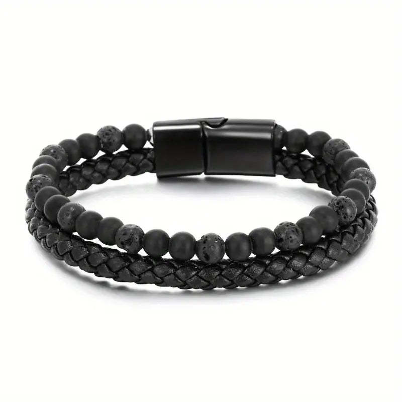 Father's Day Gift Fashion Double Layer Leather Handmade Braided Bracelet Natural Tiger Eye Stone Beaded Bangle-Engravingift