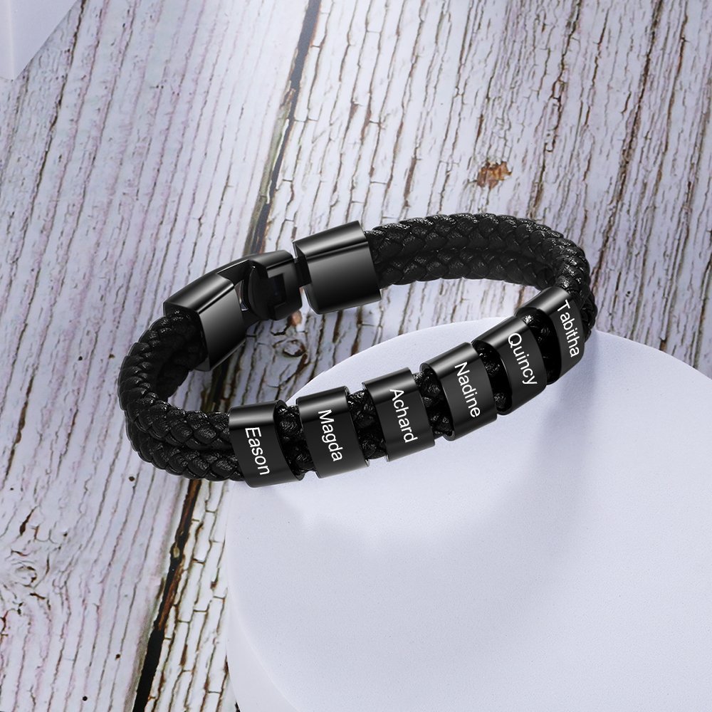 Father's Day Gift Men Leather Bracelet with Bead Custom Two Layers Bracelet, custom black engraved leather son/grandson bracelets for men-Engravingift