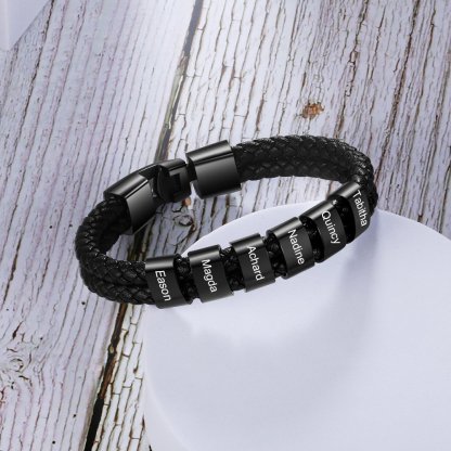 Father's Day Gift Men Leather Bracelet with Bead Custom Two Layers Bracelet, custom black engraved leather son/grandson bracelets for men-Engravingift