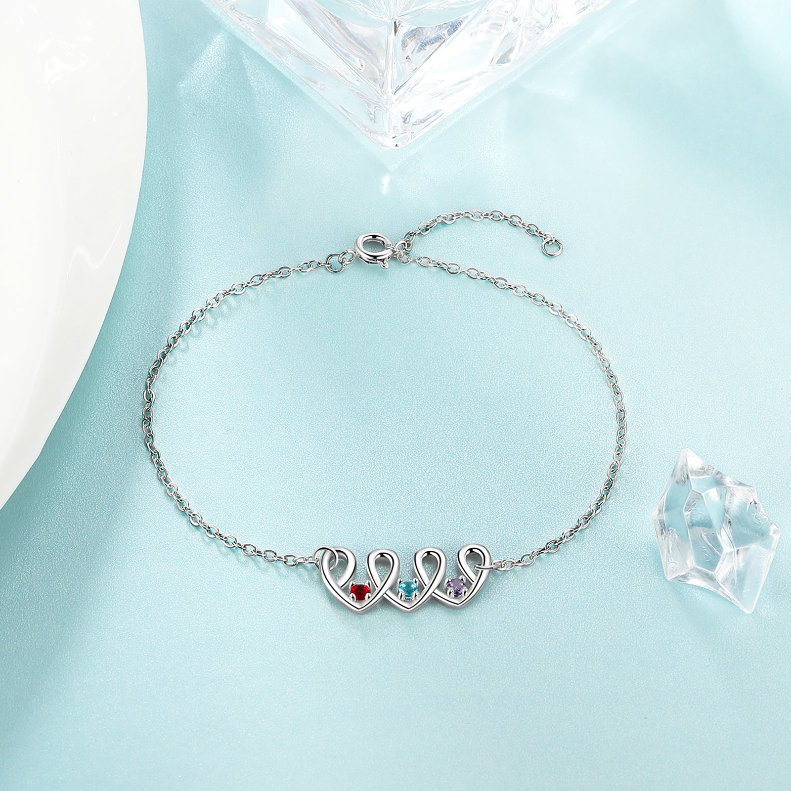Christmas Gift Personalized Heart Anklet with 3 Birthstones Family Anklet