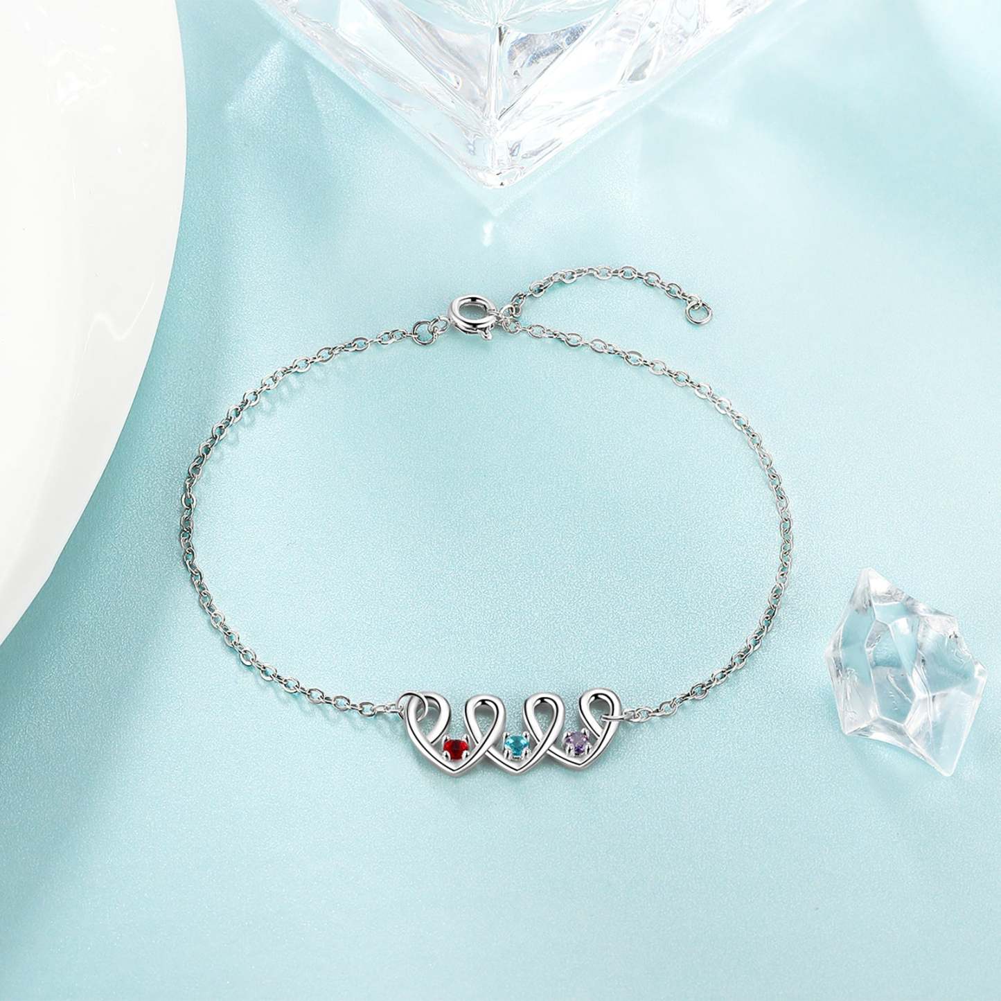 Christmas Gift Personalized Heart Anklet with 3 Birthstones Family Anklet