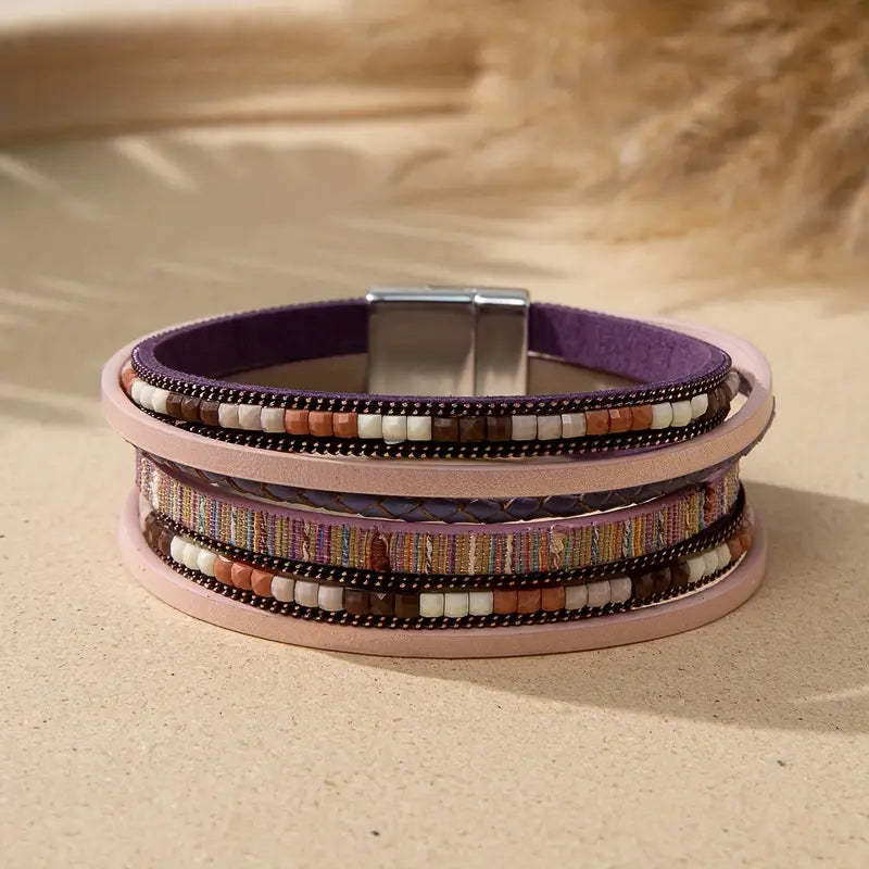 Mother's Day Gift Colorful PU Leather Bracelet With Magnetic Buckle Multi-layer Wrap Bracelet-Engravingift