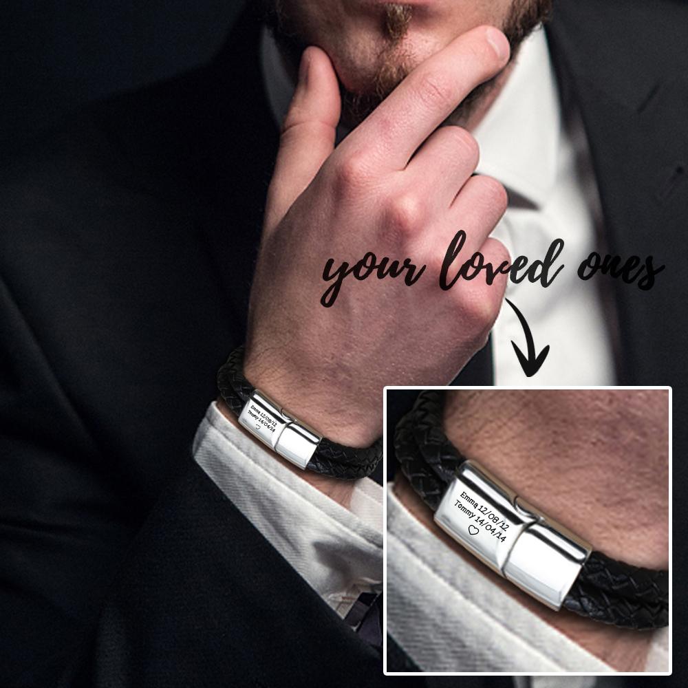 Christmas Gift Engraved Bracelet for Men with Black Leather