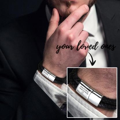 Christmas Gift Engraved Bracelet for Men with Black Leather