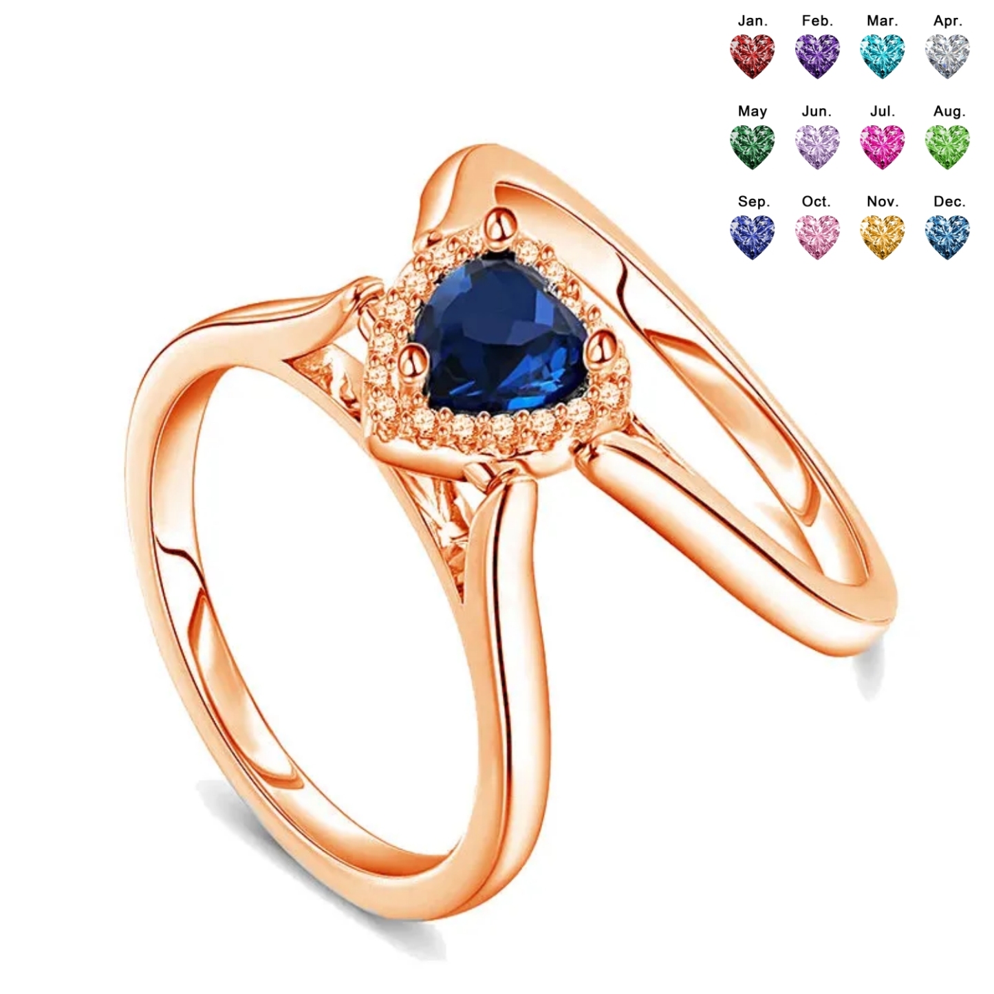 Mother's Day Gift Halo Heart Cut Personalized Reversible Ring Sterling Silver Gold Rose Gold
