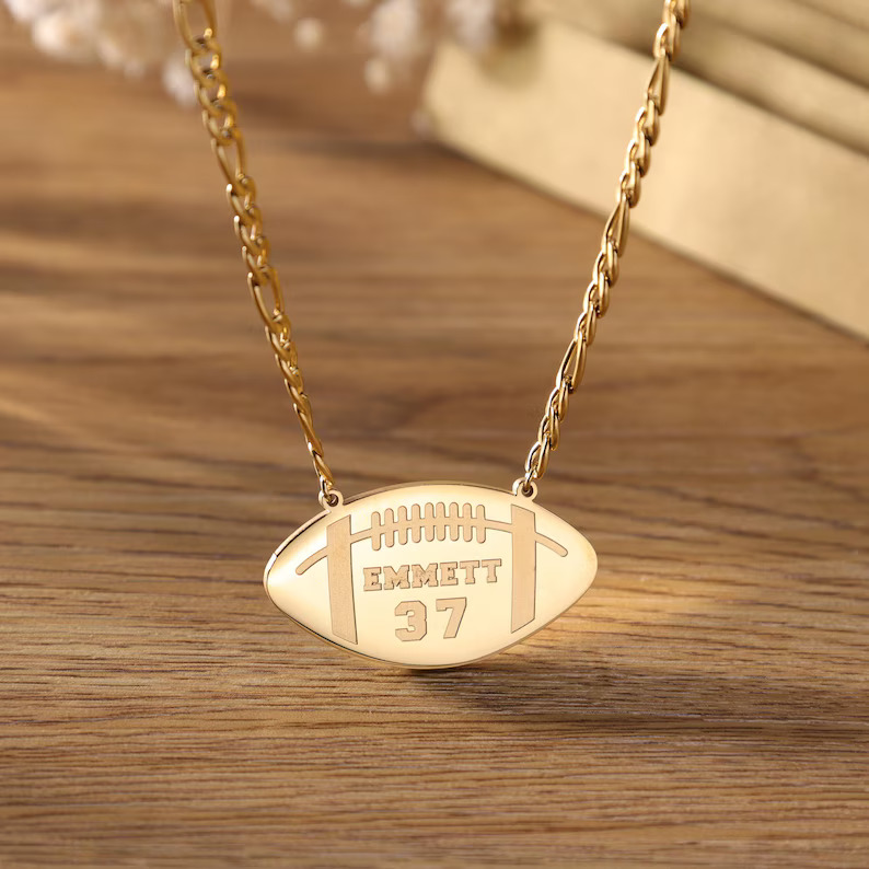 Engraved Football Name Necklace With Jersey Number, Personalized 3D Football Name Necklace, Custom Football Necklace